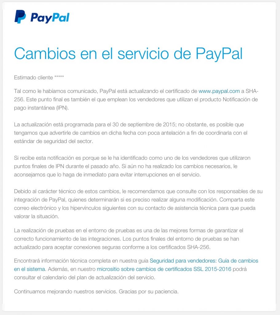 Actualizacion PayPal certificado ssl sha256